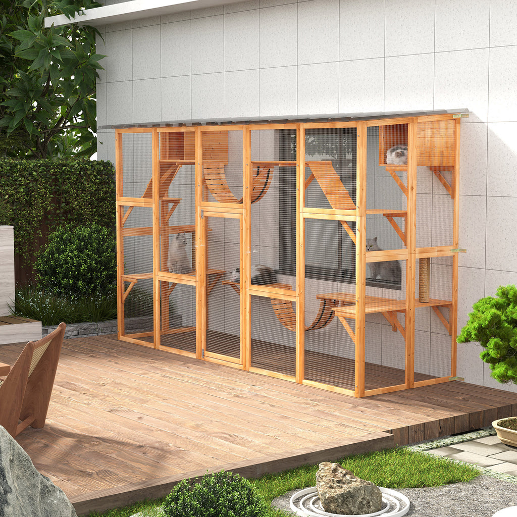 Large Orange Outdoor Cat Enclosure with Multiple Shelves