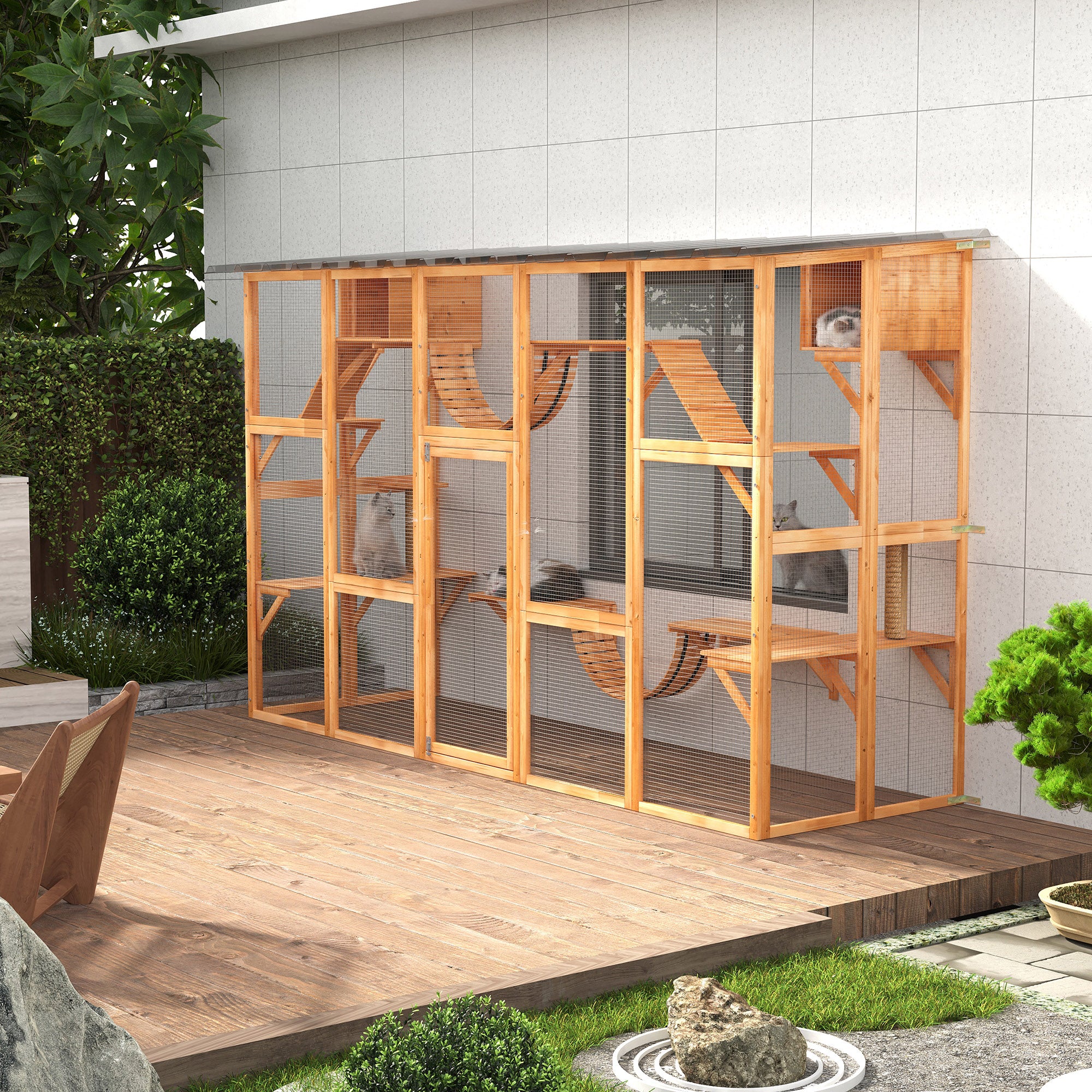 Large Orange Outdoor Cat Enclosure with Multiple Shelves