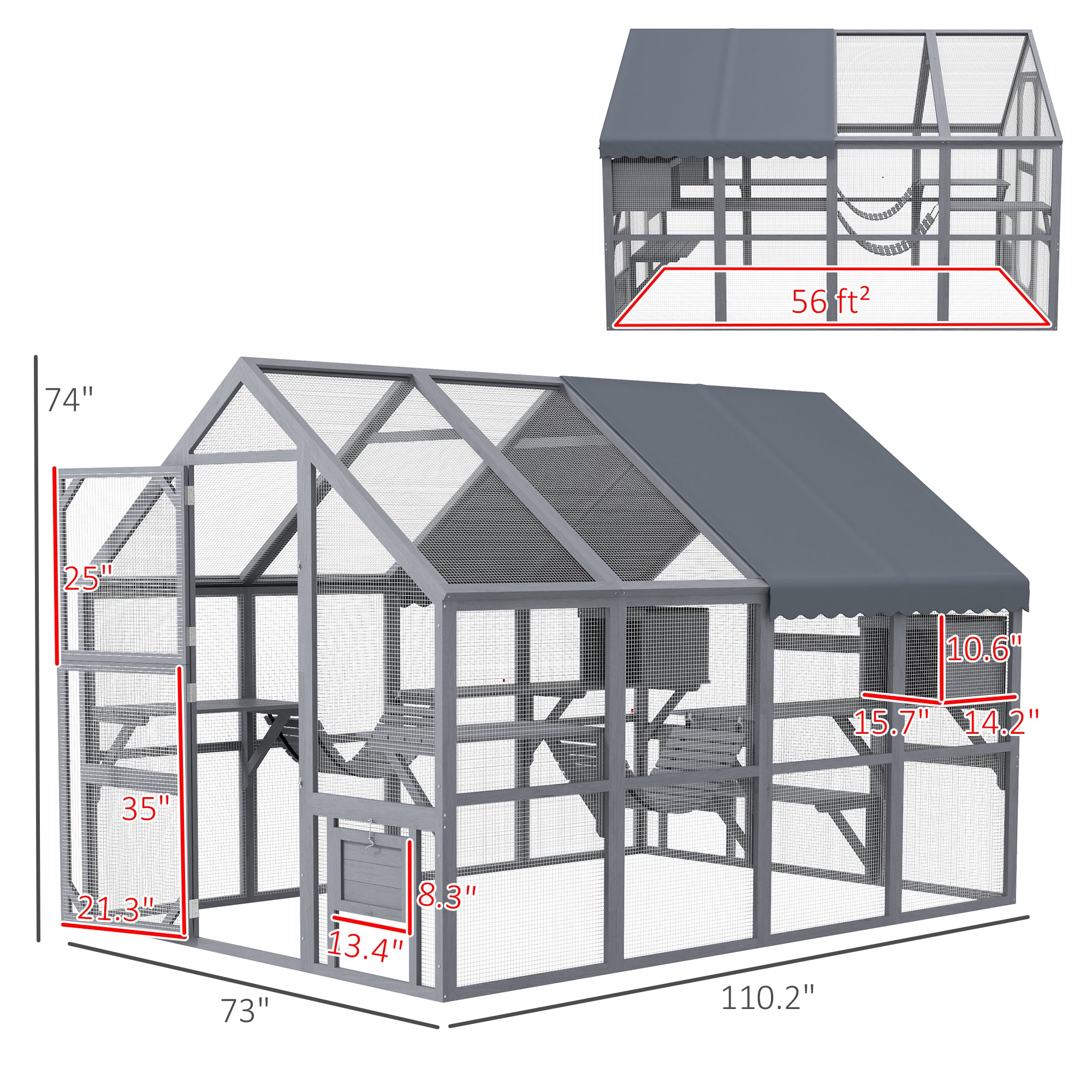 Wooden Catio with Waterproof Cover, 2 Condos, 6 Platforms, G