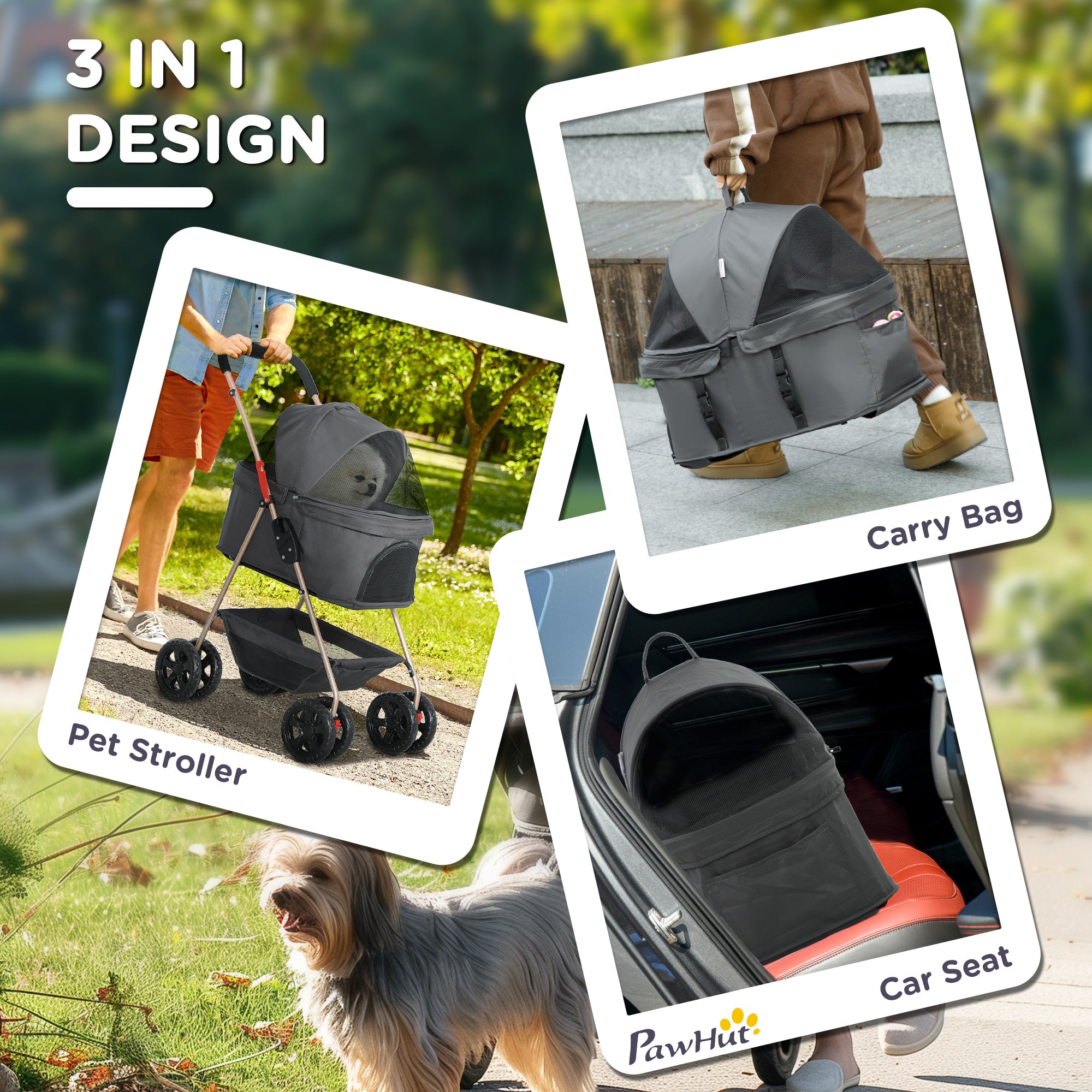 3-in-1 Pet Stroller with Detachable Carrier, Gray