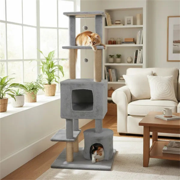 64" Light Gray Cat Tower with Plush Perches