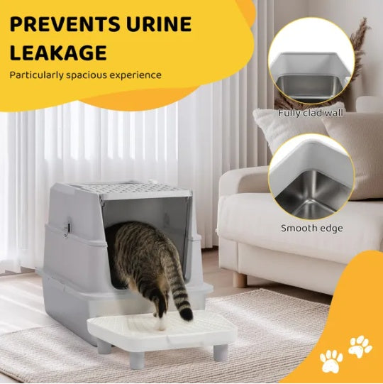 Large Stainless Steel Covered Litter Box with Scoop