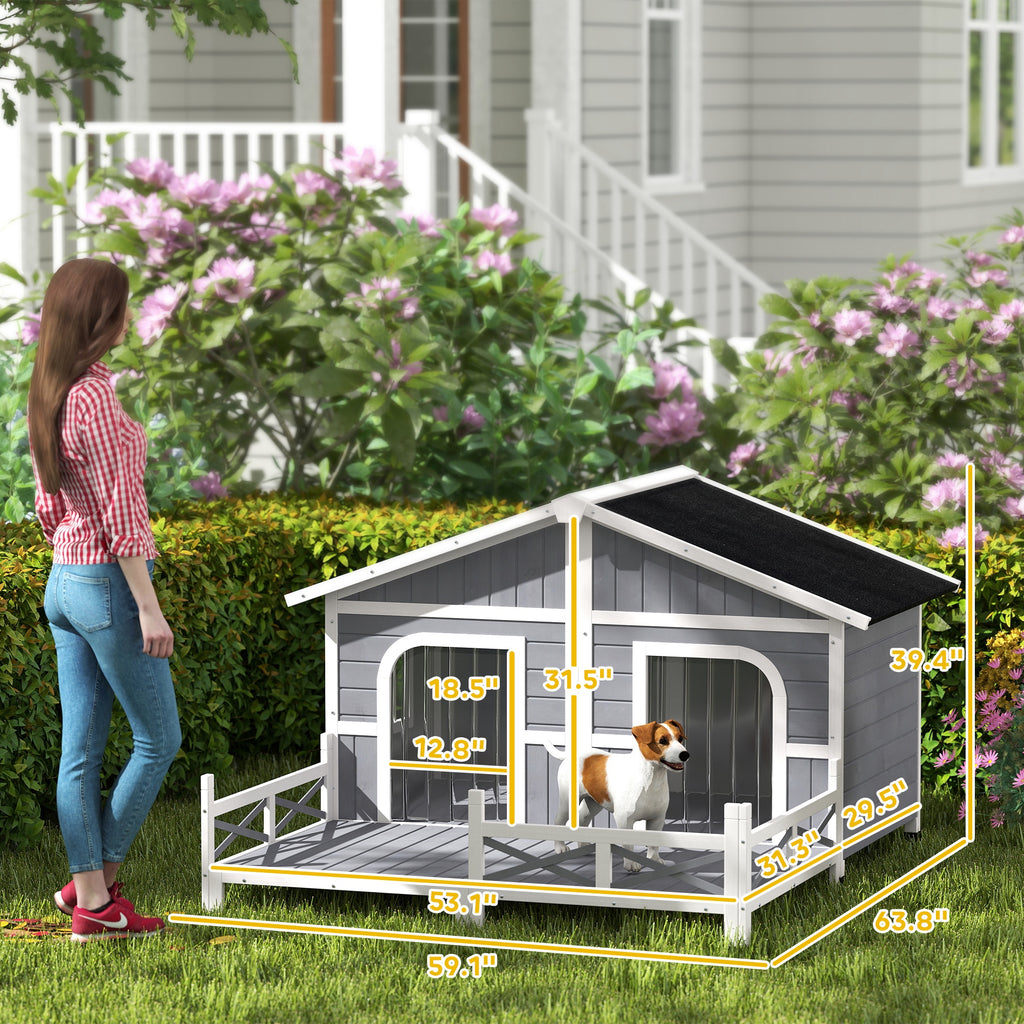 Wooden Outdoor Dog Kennel, Gray Double Room with Porch
