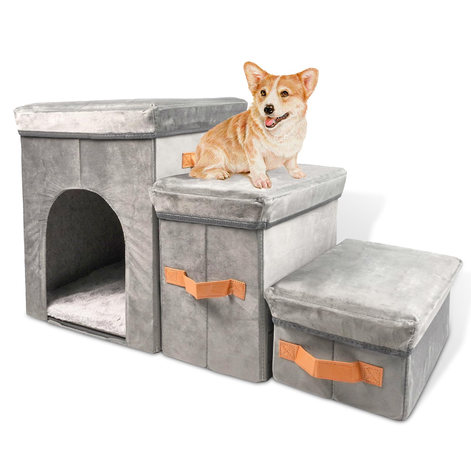 Foldable Pet Steps with Storage - 3-Step Grey