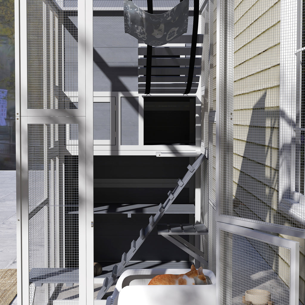 Large Wooden Catio with 4 Tiers, 3 Platforms, Gray