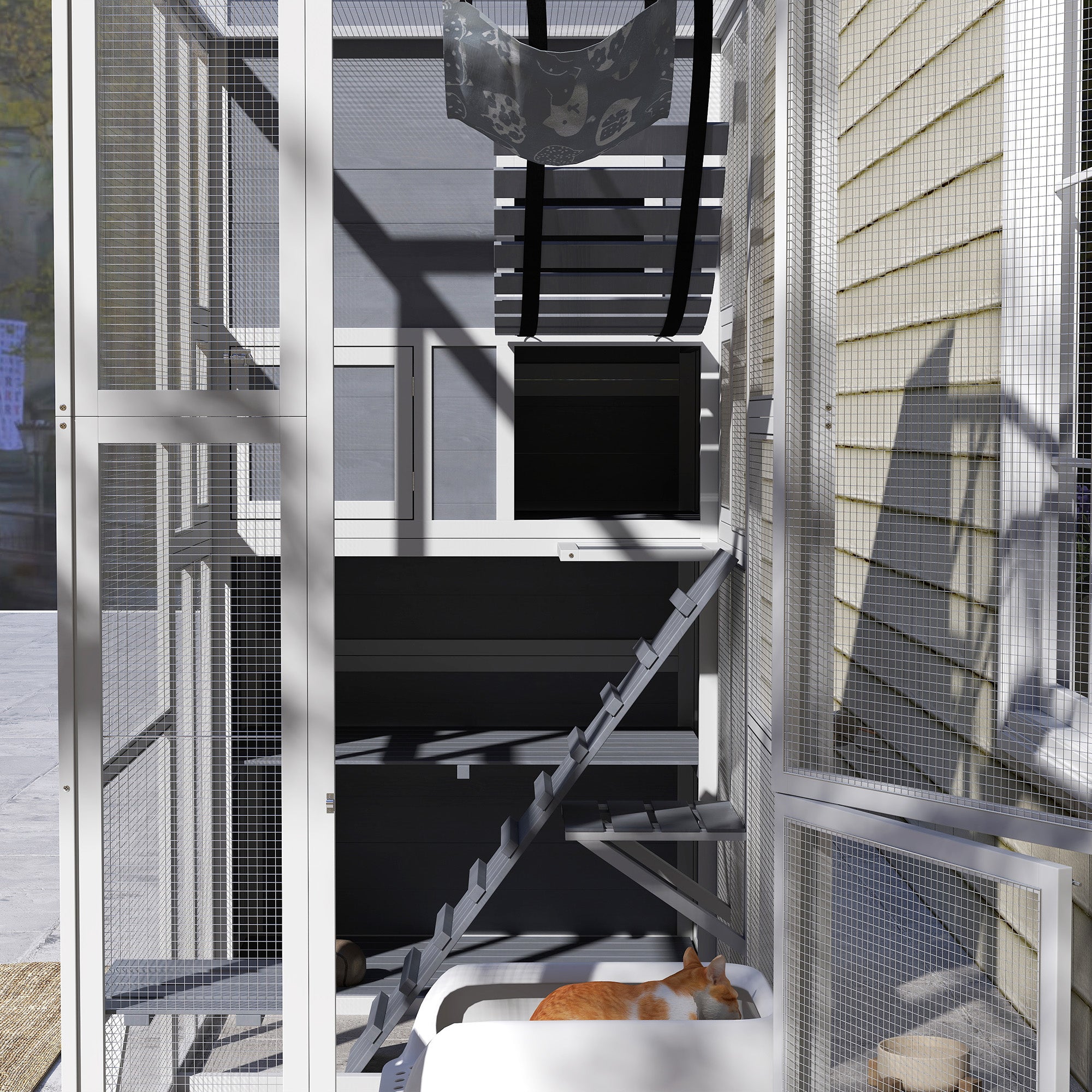 Large Wooden Catio with 4 Tiers, 3 Platforms, Gray