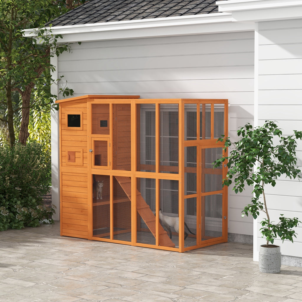 Natural Wooden Outdoor Catio with Platforms and Ramps