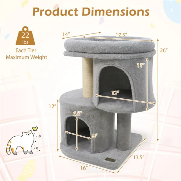 26" Compact Cat Tree with Two Condos & Scratching Posts