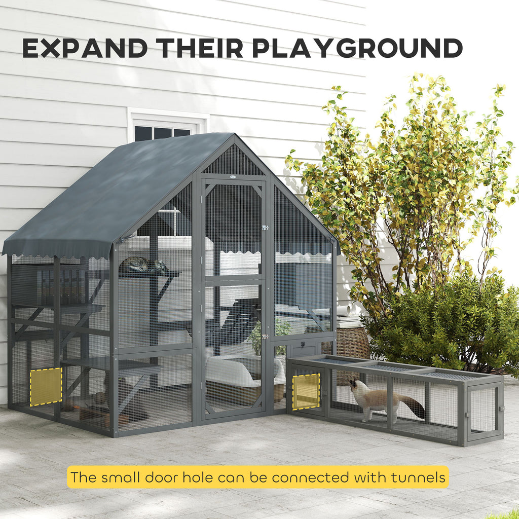 Wooden Catio with Waterproof Cover, 2 Condos, Gray