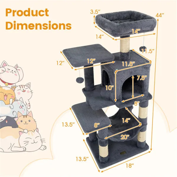 44" Multi-Level Cat Tree with Spacious Top Perch