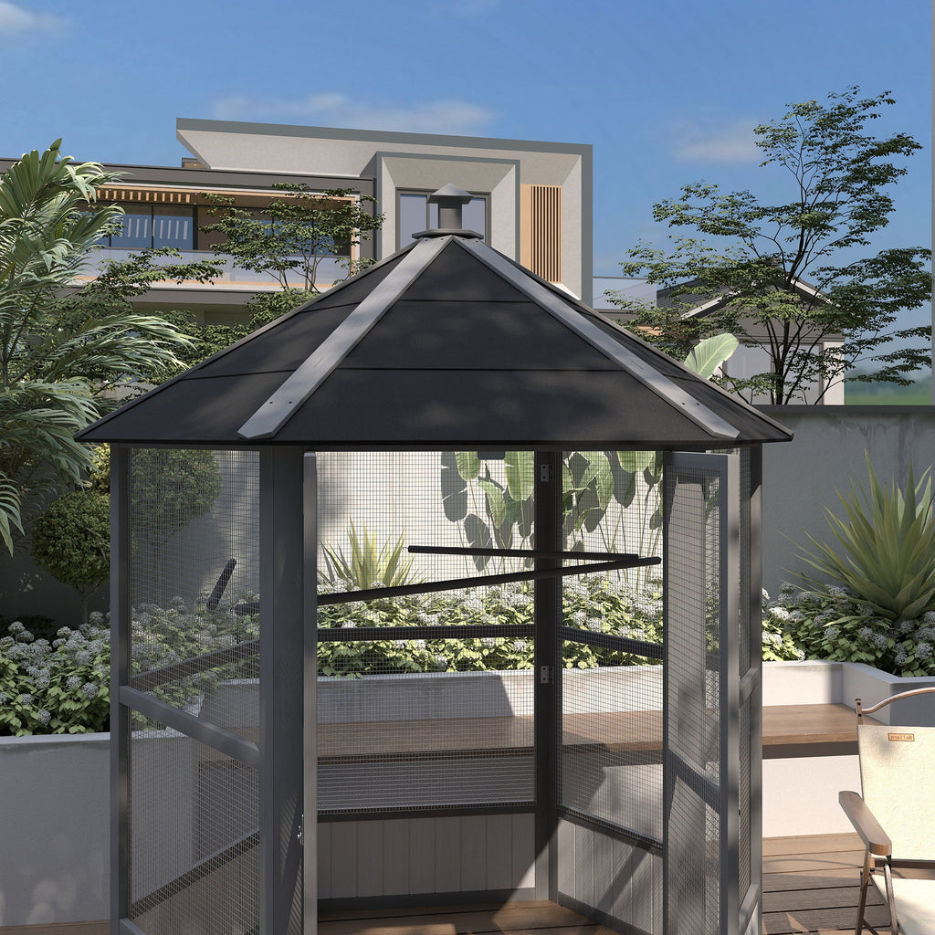69" Wooden Hexagonal Outdoor Aviary, Light Gray
