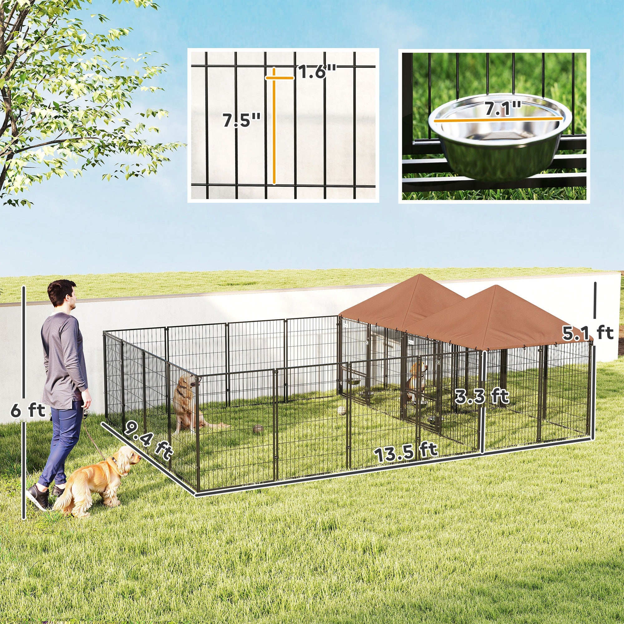Large Outdoor Dog Kennel with 2 Rooms, Rotating Bowls