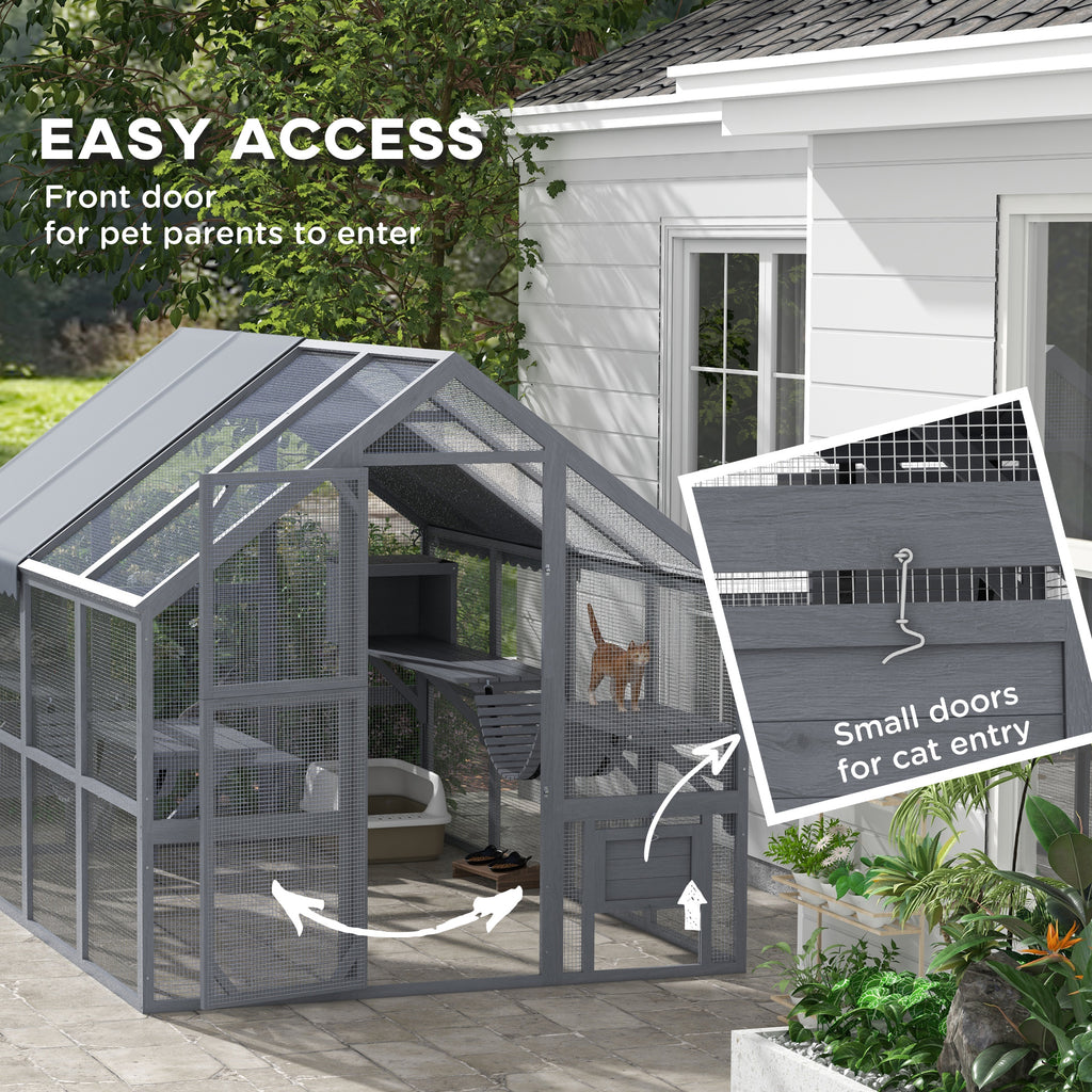 Wooden Catio with Waterproof Cover, 2 Condos, 6 Platforms, G