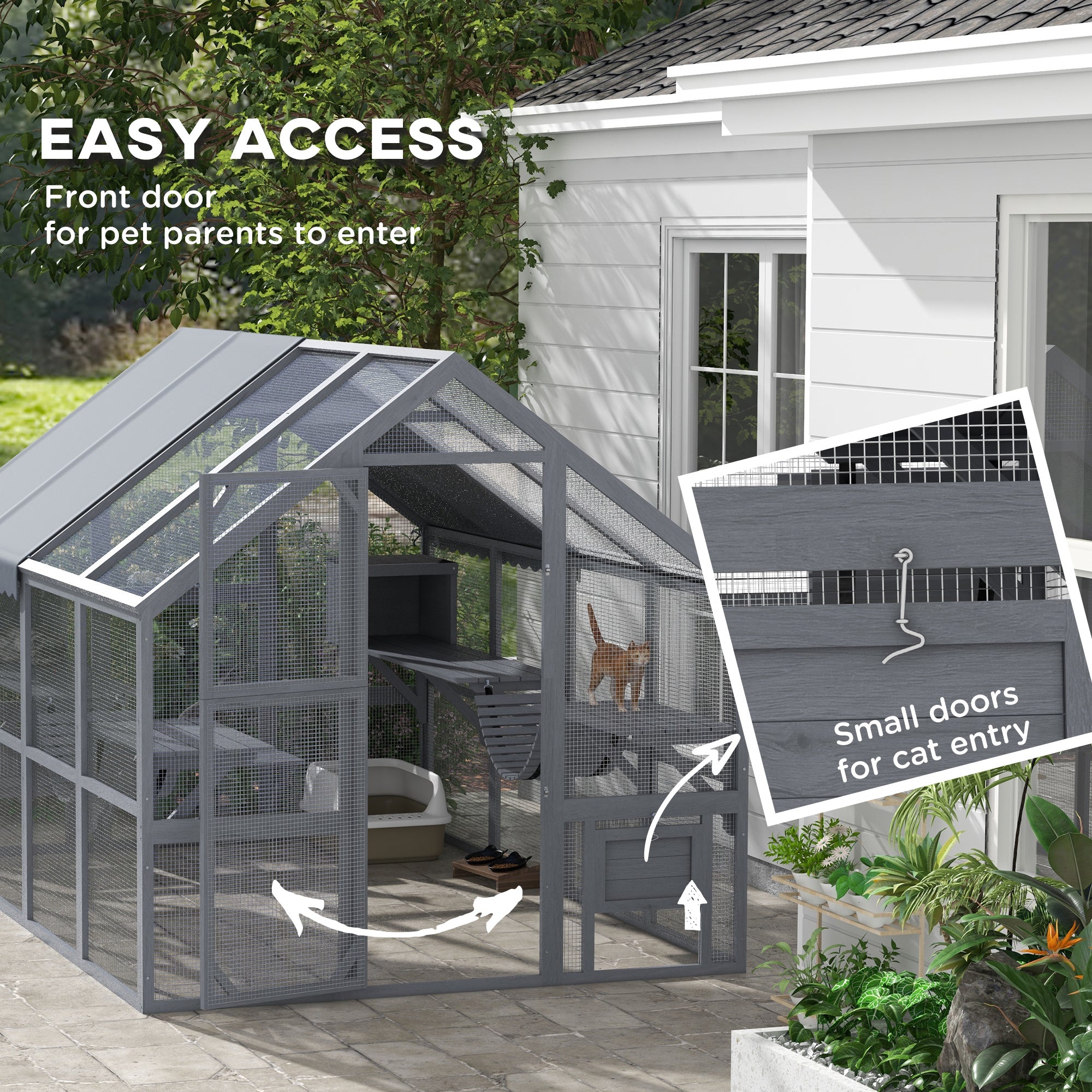 Wooden Catio with Waterproof Cover, 2 Condos, 6 Platforms, G