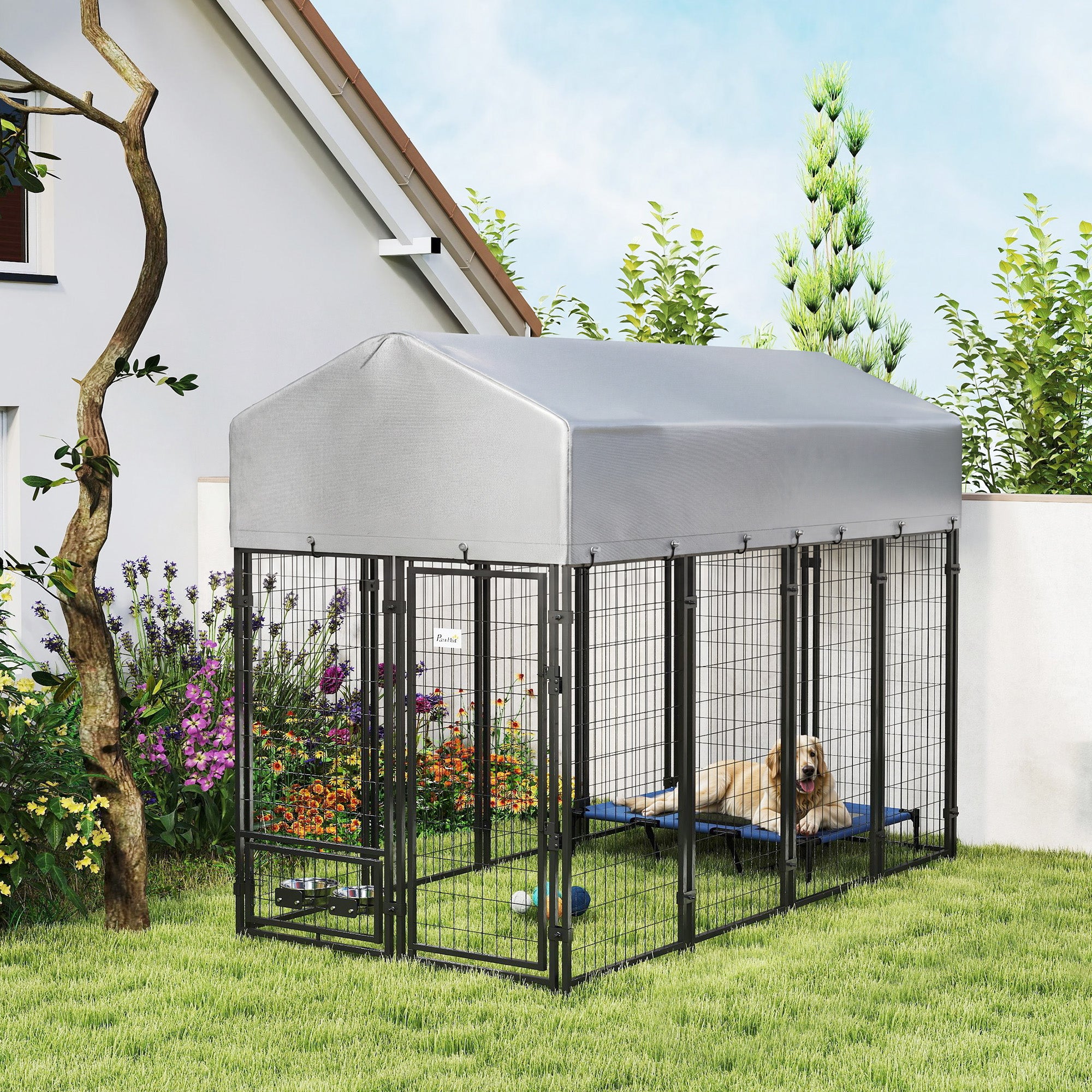 Elite Outdoor Canine Enclosure with Canopy, Silver