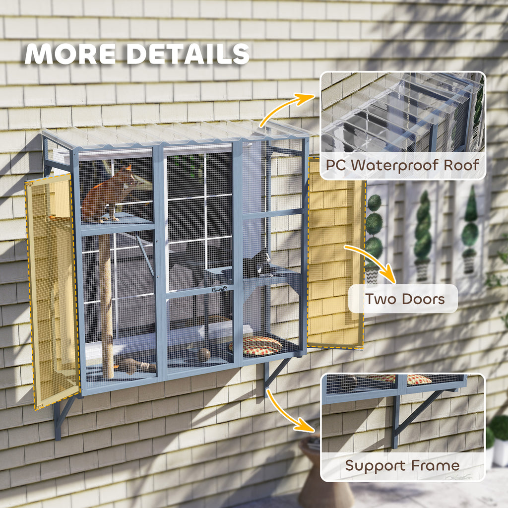 Outdoor Cat Enclosure with 2 Jumping Platforms, Gray
