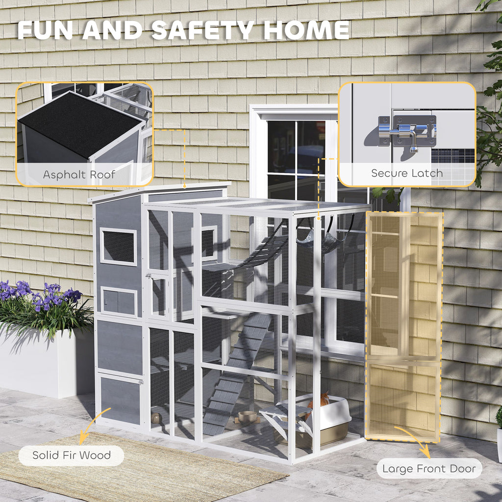 Large Wooden Catio with 4 Tiers, 3 Platforms, Gray