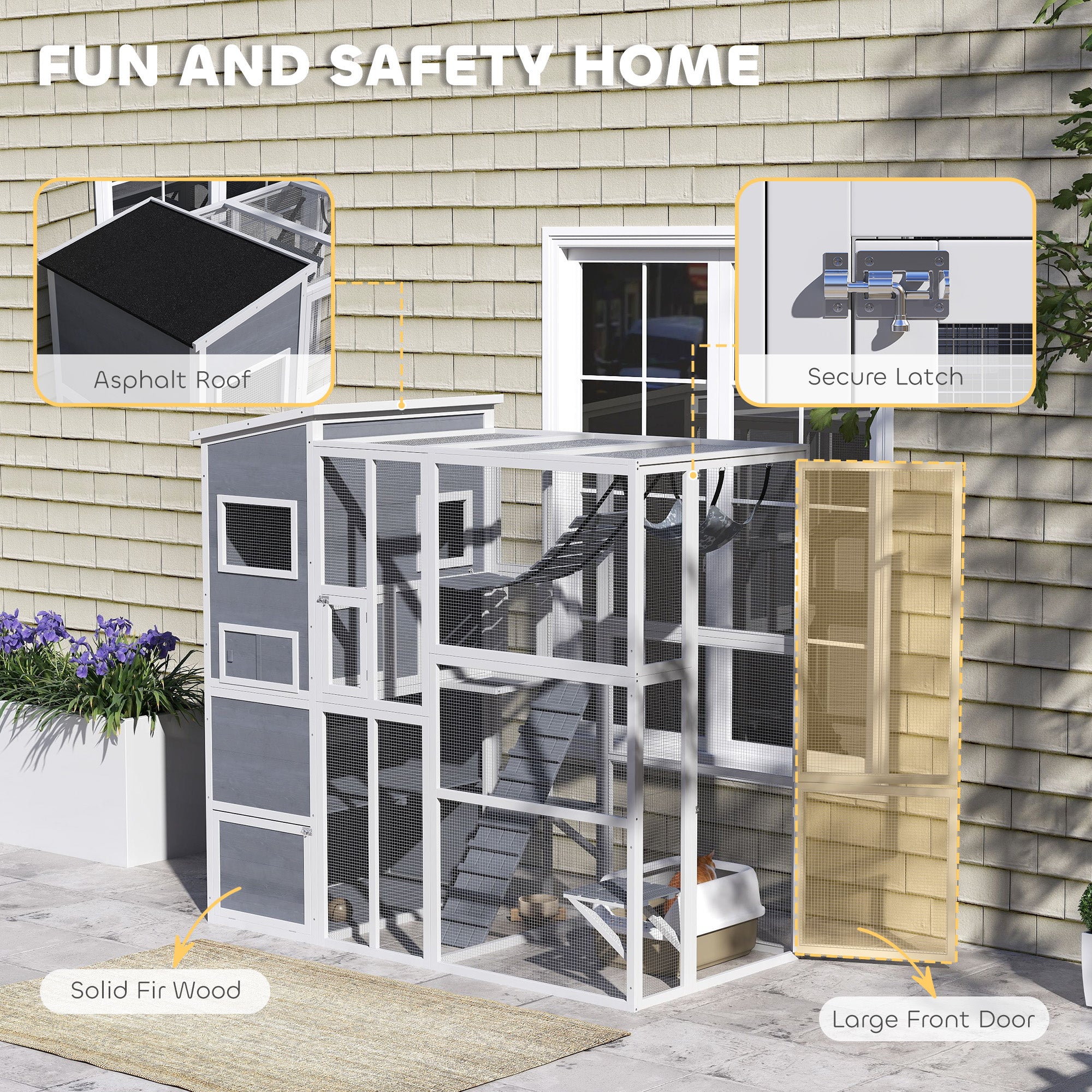Large Wooden Catio with 4 Tiers, 3 Platforms, Gray