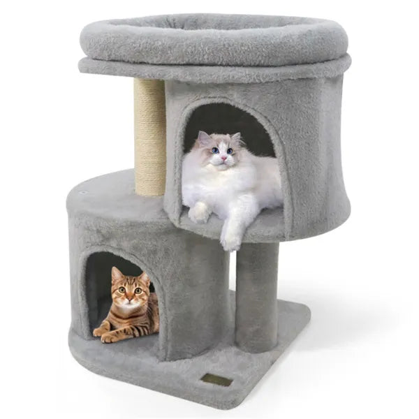 26" Compact Cat Tree with Two Condos & Scratching Posts