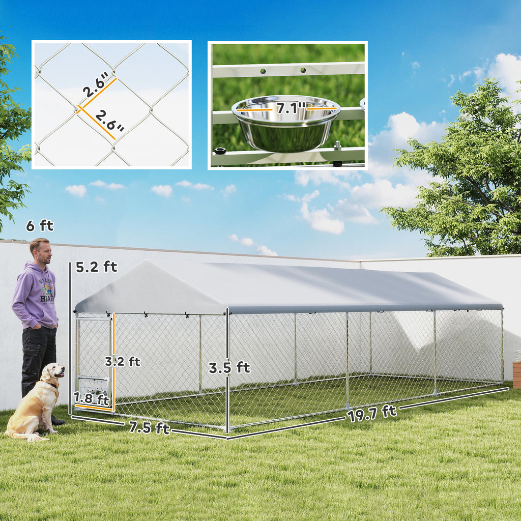 Outdoor Dog Kennel, 19.7' x 7.5' x 5.2', with Bowl Rack