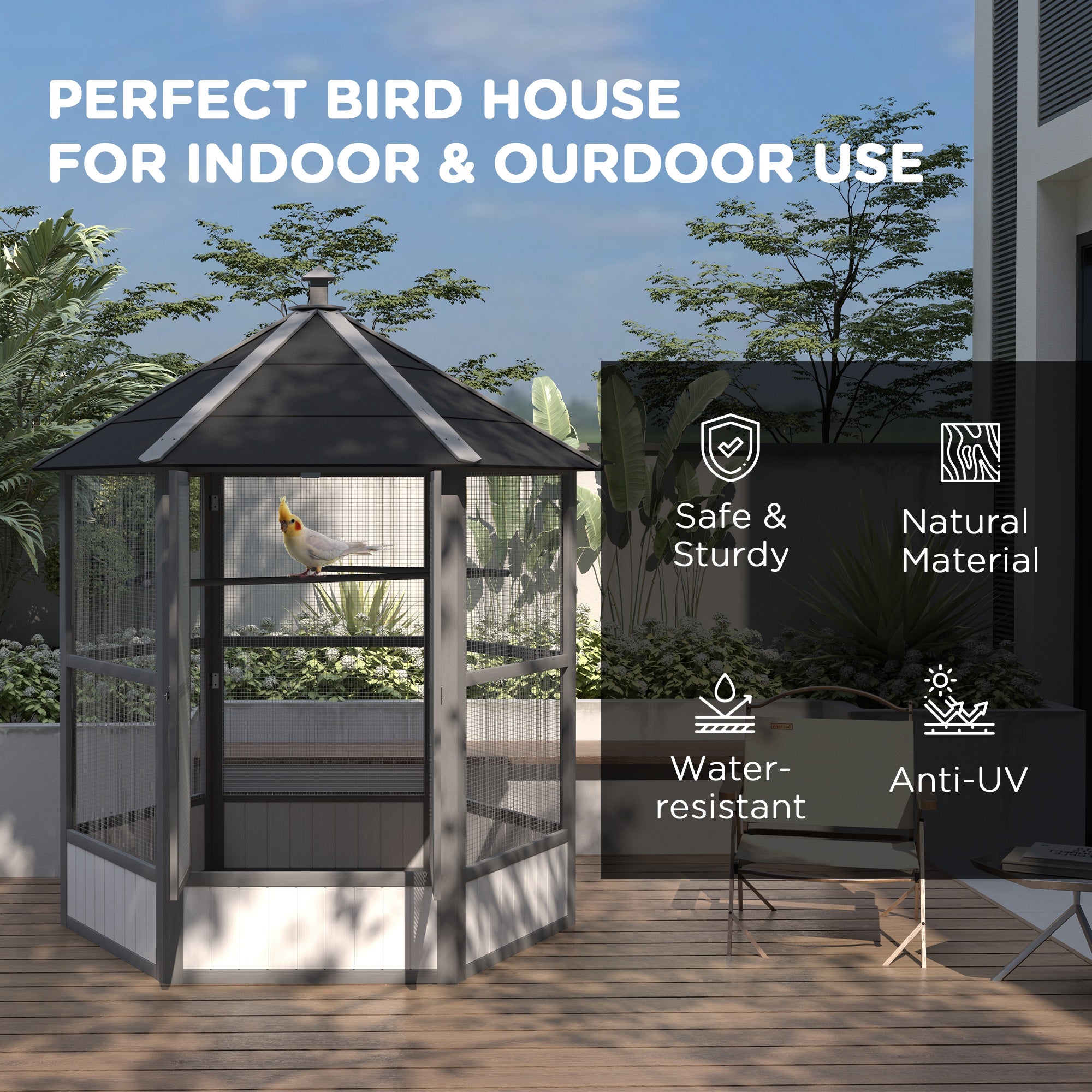 69" Wooden Hexagonal Outdoor Aviary, Light Gray