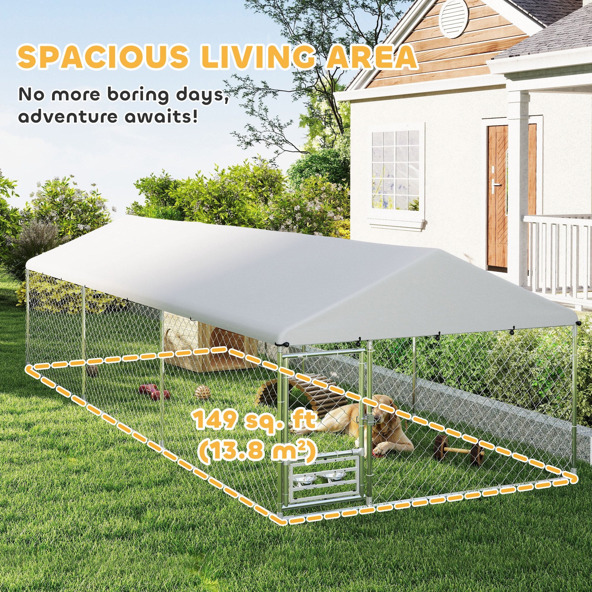 Outdoor Dog Kennel, 19.7' x 7.5' x 5.2', with Bowl Rack