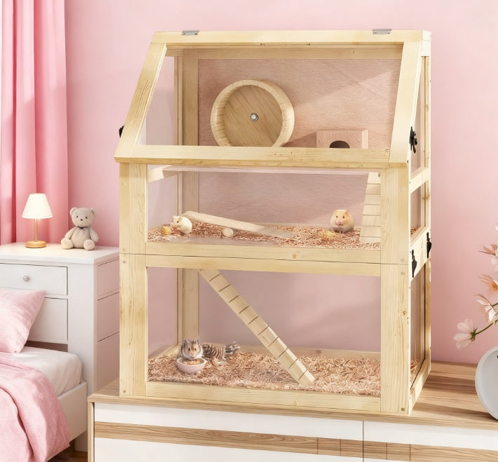 Three-Tier Wooden Hamster Habitat with Accessories