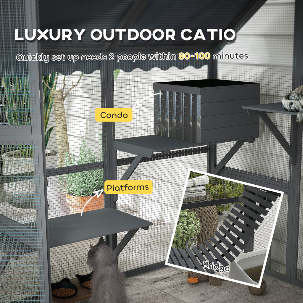 Wooden Catio with Waterproof Cover, 2 Condos, Gray