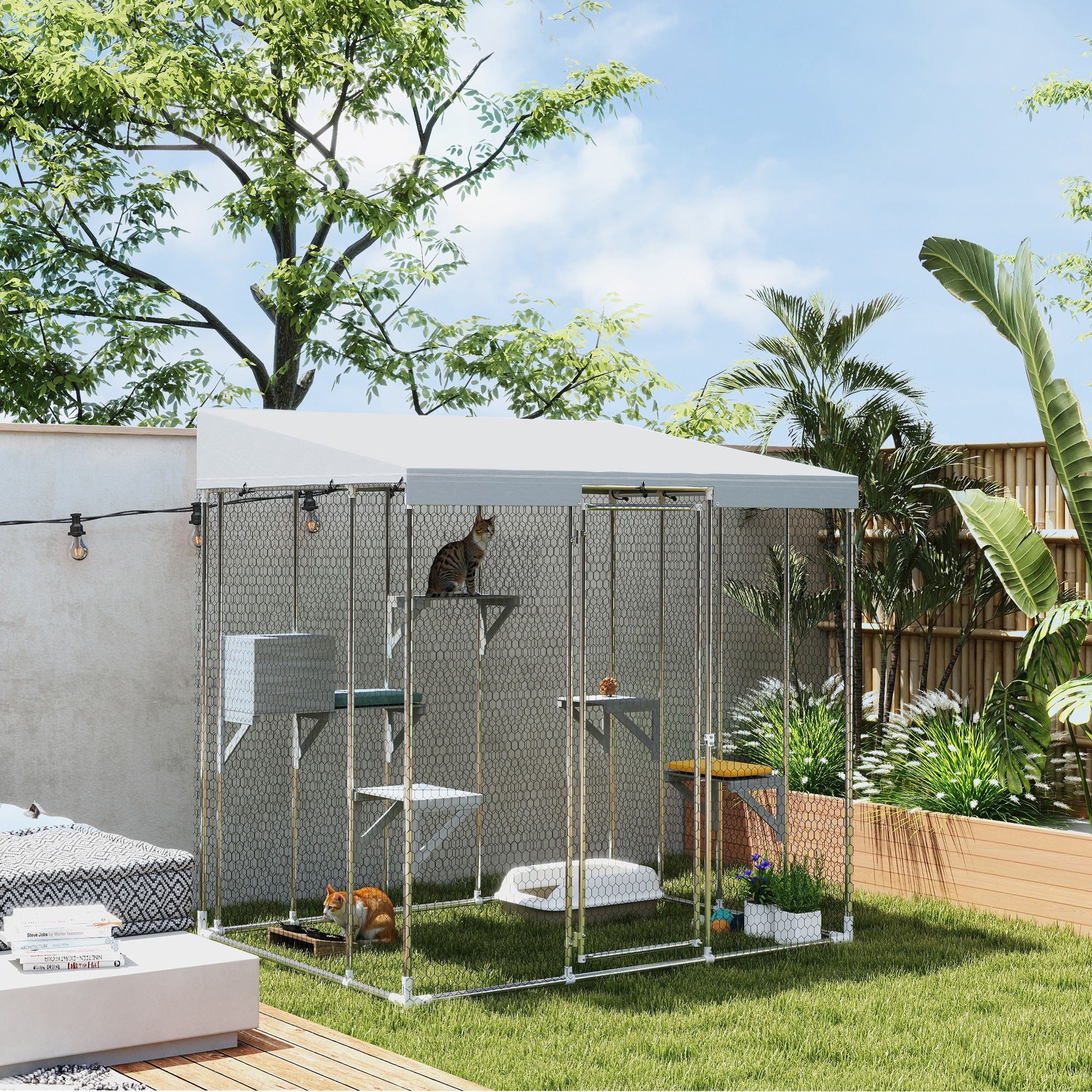 79" Galvanized Steel Catio with Canopy, 1-3 Kittens, Silver