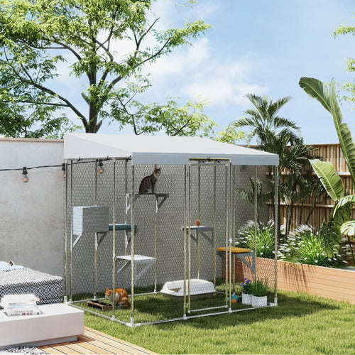 79" Galvanized Steel Catio with Canopy, 1-3 Kittens, Silver