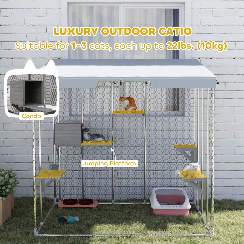 79" Galvanized Steel Catio with Canopy, 1-3 Kittens, Silver