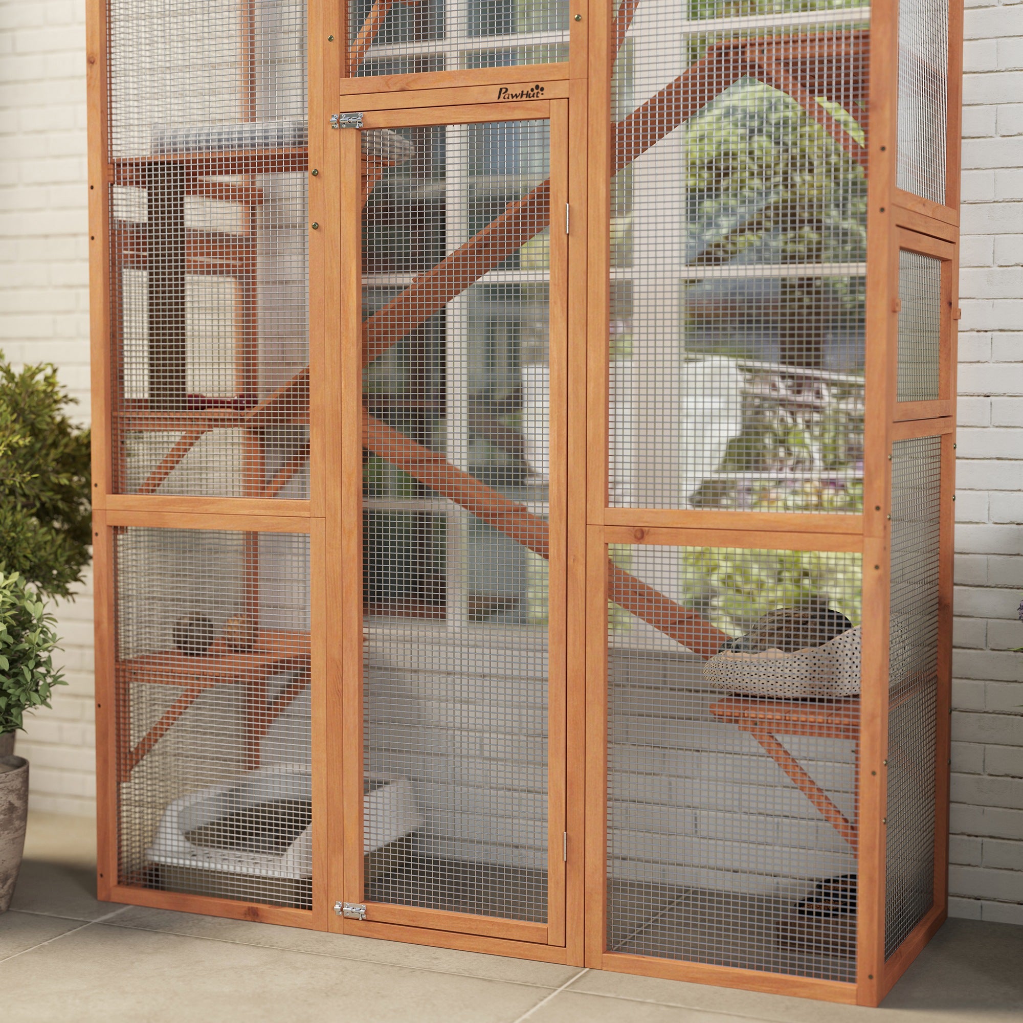 Large Wooden Cat Enclosure with 6 Platforms, Scratching Post