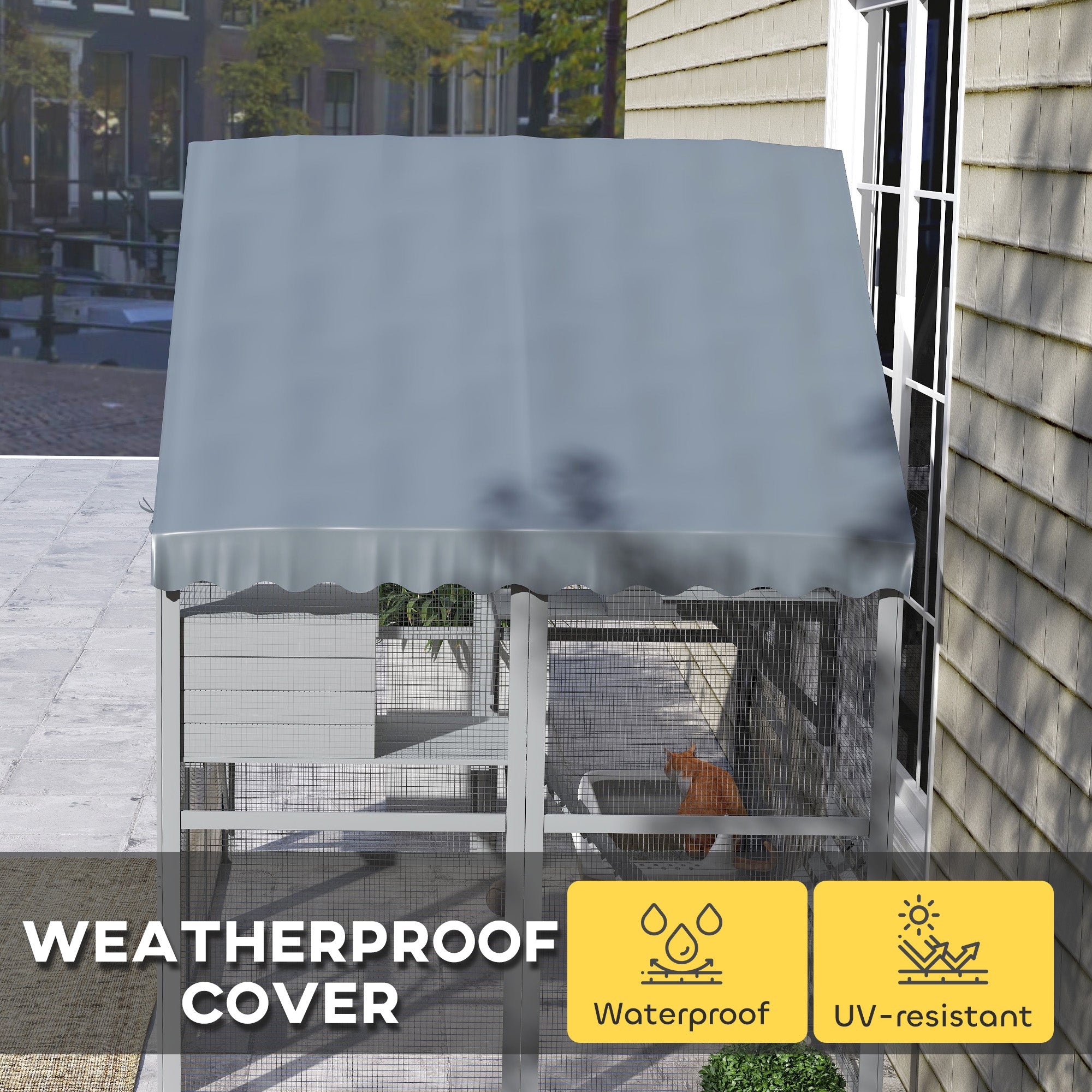 Wooden Catio with Waterproof Cover, 2 Condos, Gray
