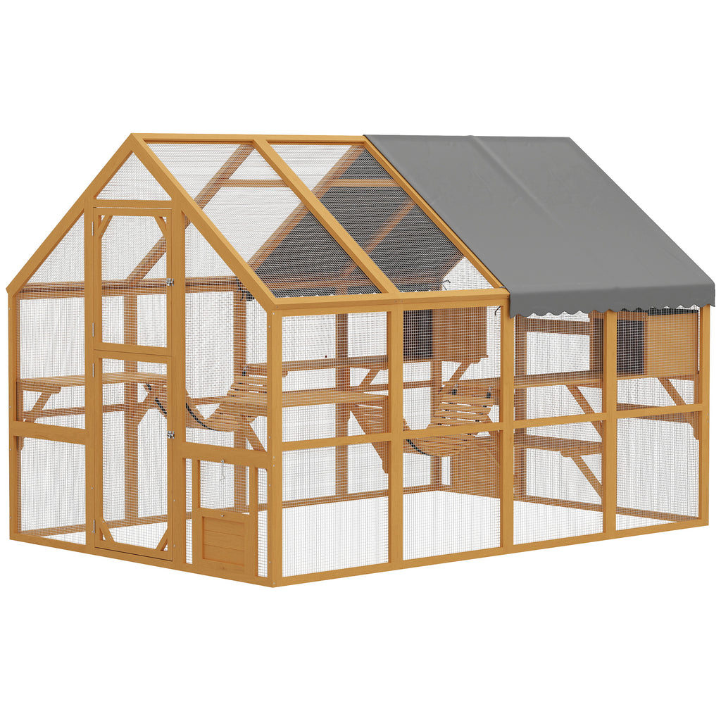 Wooden Catio Outdoor Enclosure, Yellow, 2 Condos, 6 Platform