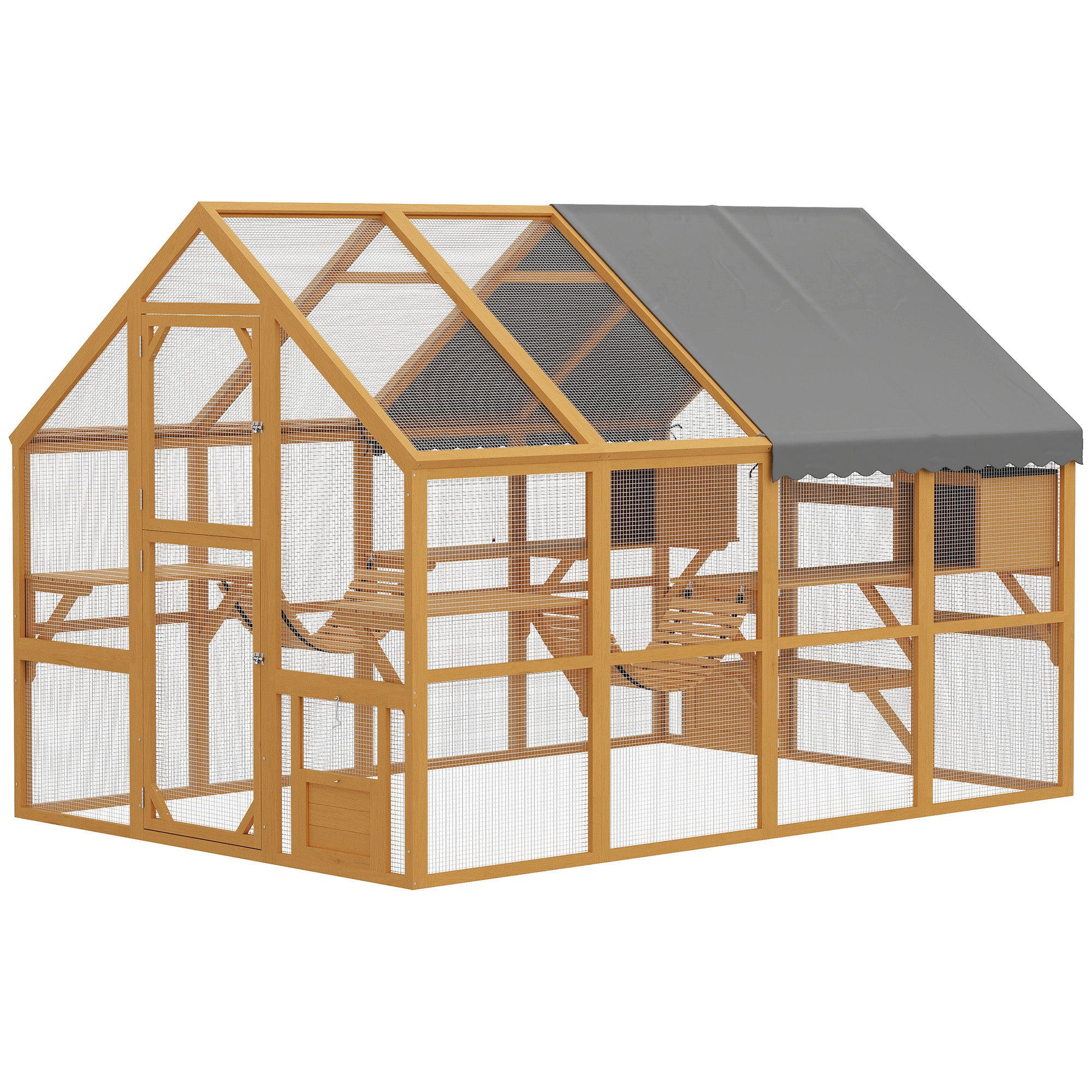 Wooden Catio Outdoor Enclosure, Yellow, 2 Condos, 6 Platform