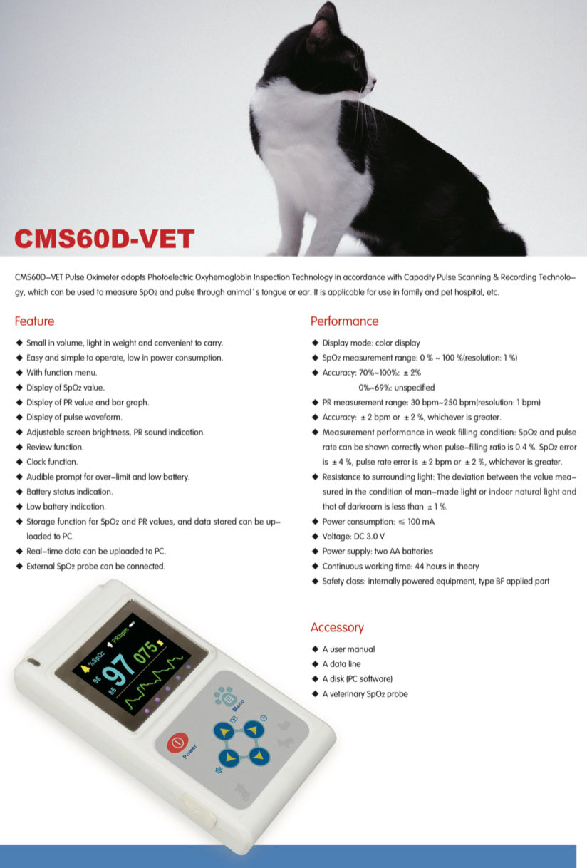 Veterinary Pulse Oximeter with Color Display and Probe