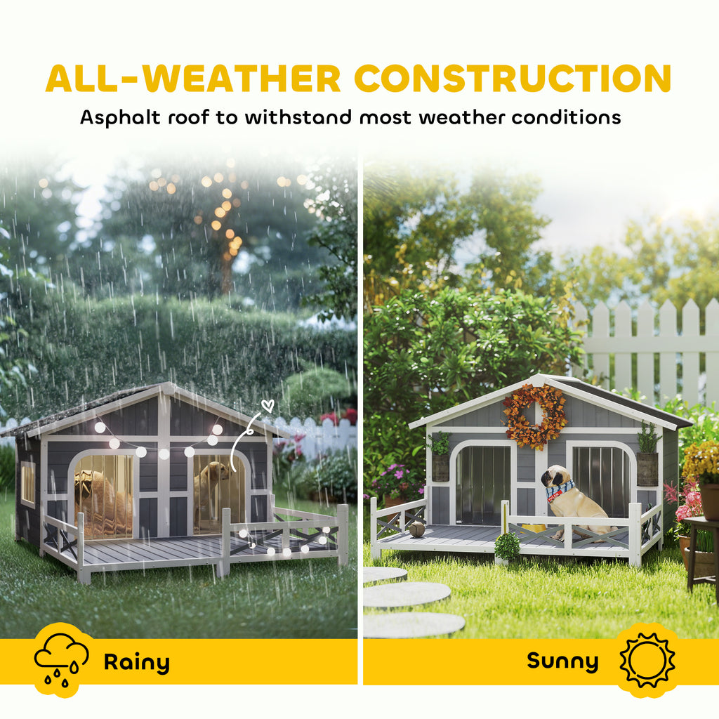Wooden Outdoor Dog Kennel, Gray Double Room with Porch