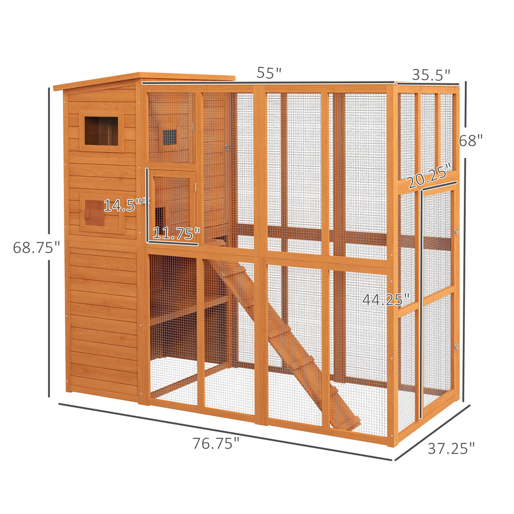Natural Wooden Outdoor Catio with Platforms and Ramps