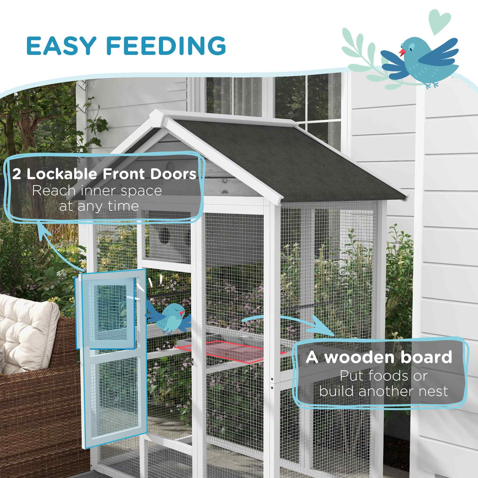 64.5" Wooden Aviary with 4 Perches, Nest, and Slide-Out Tray
