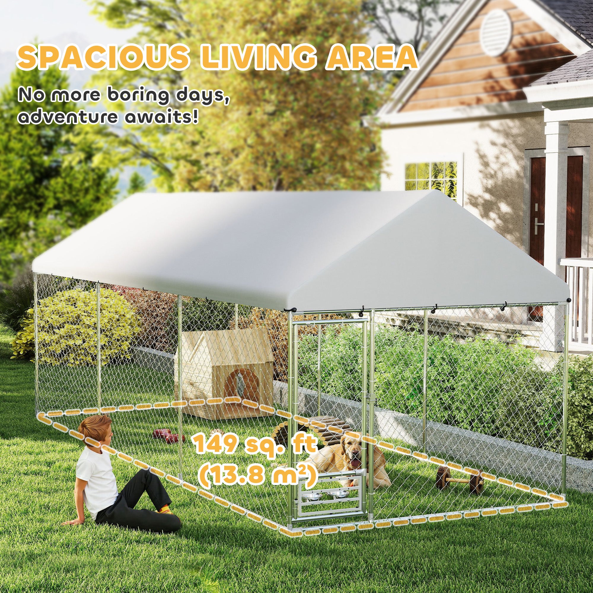 Outdoor Dog Kennel with Bowl Rack, 19.7' x 7.5' x 7.5'