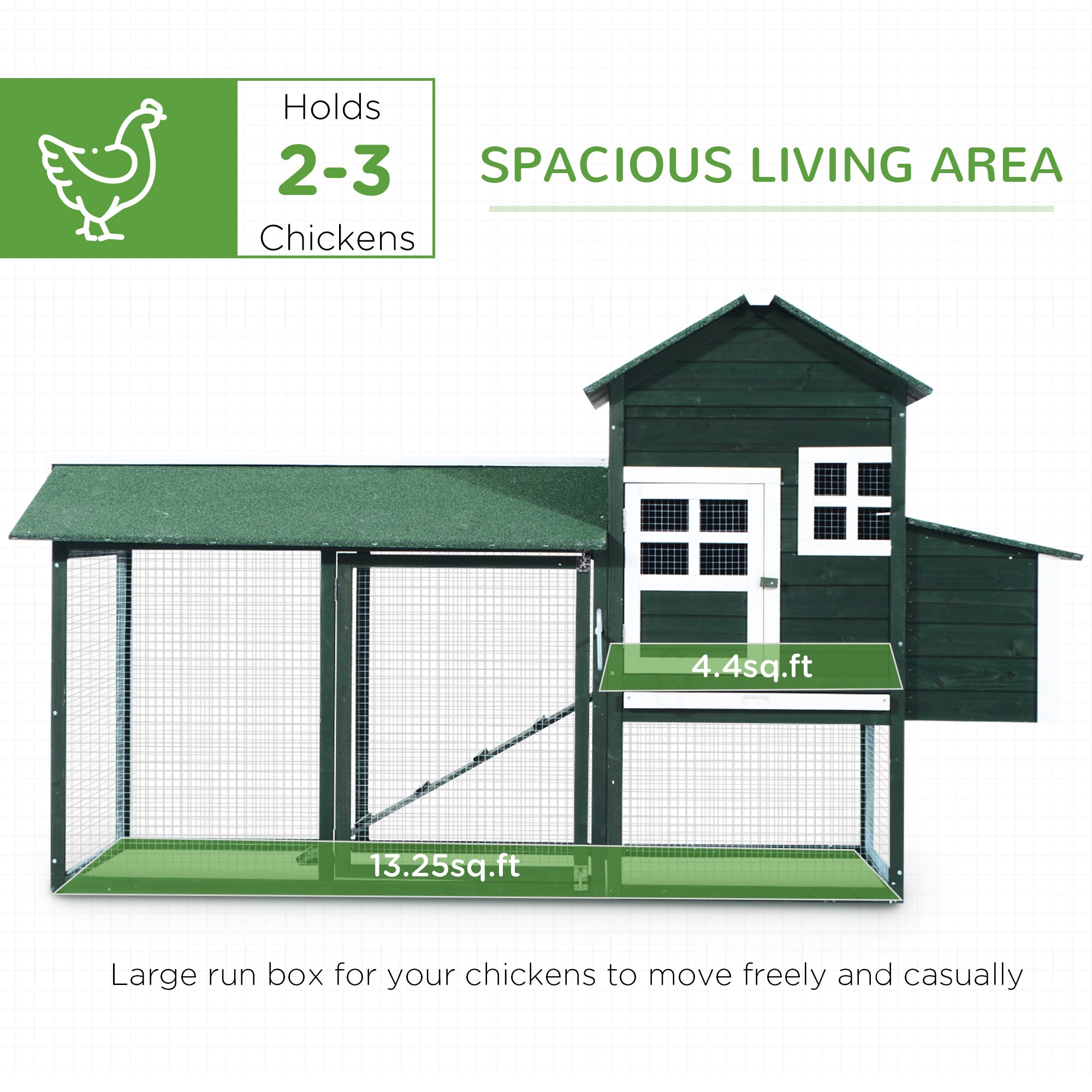 84" Wooden Chicken Coop with Run and Nesting Box, Green