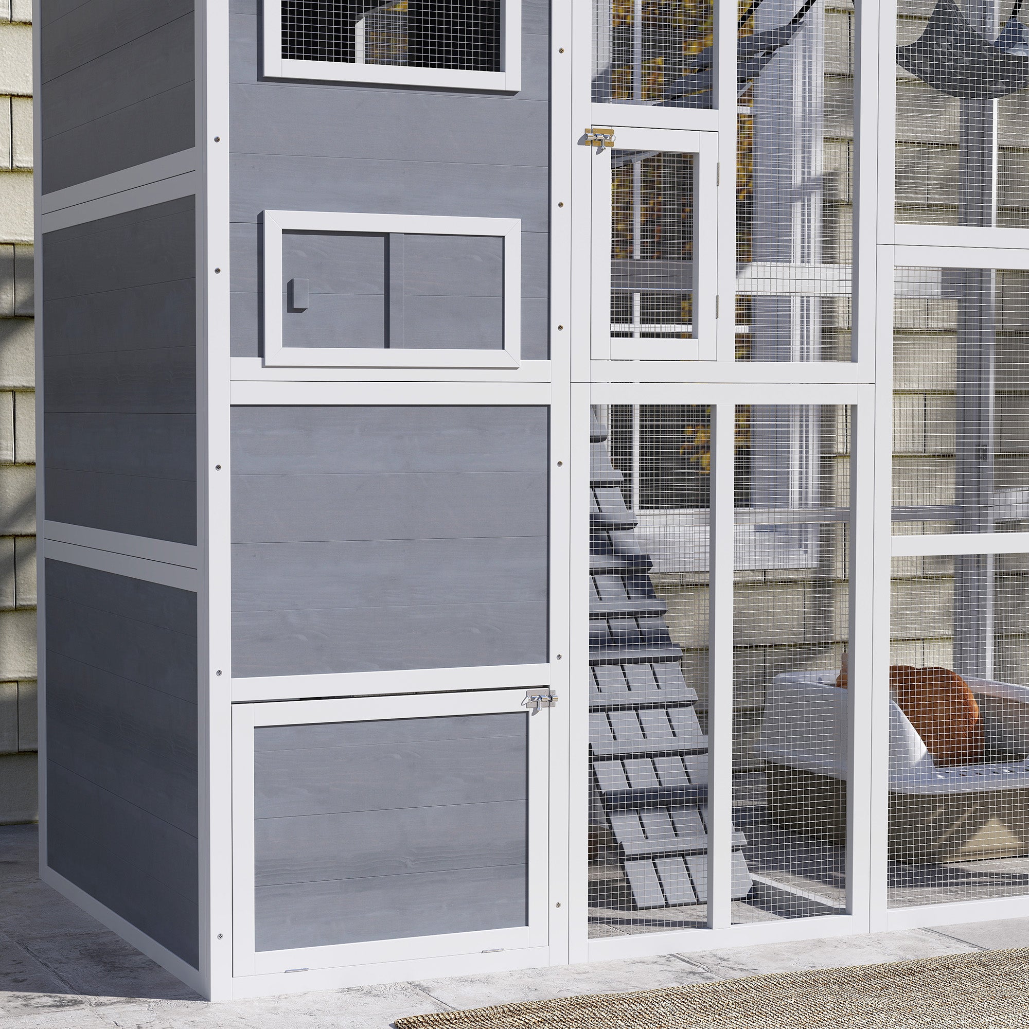 Large Wooden Catio with 4 Tiers, 3 Platforms, Gray
