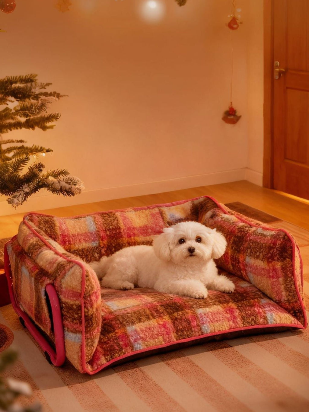 Elegant Plaid Pet Sofa Bed with Plush Cushion