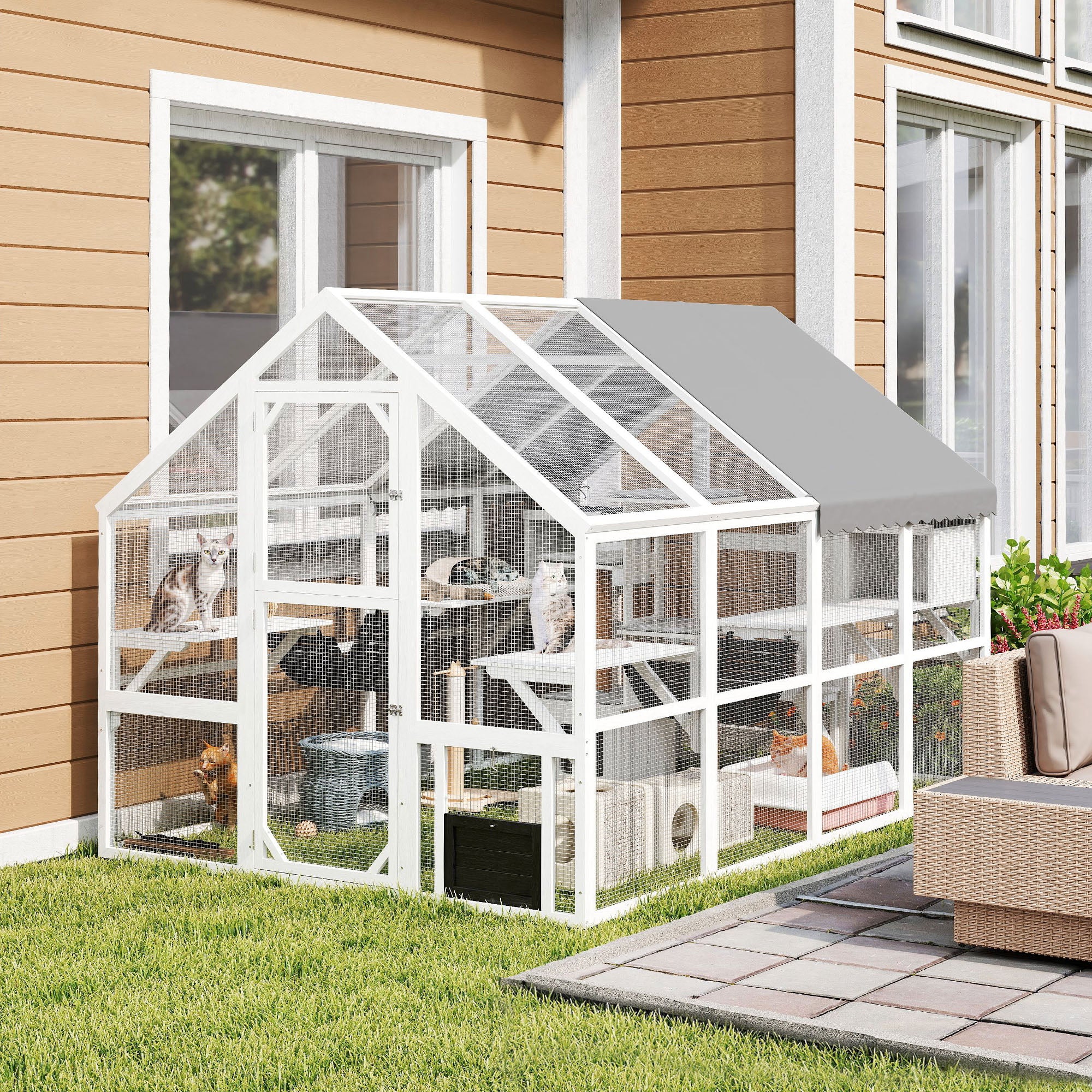 Outdoor Cat Enclosure, Waterproof Cover, 2 Condos, White