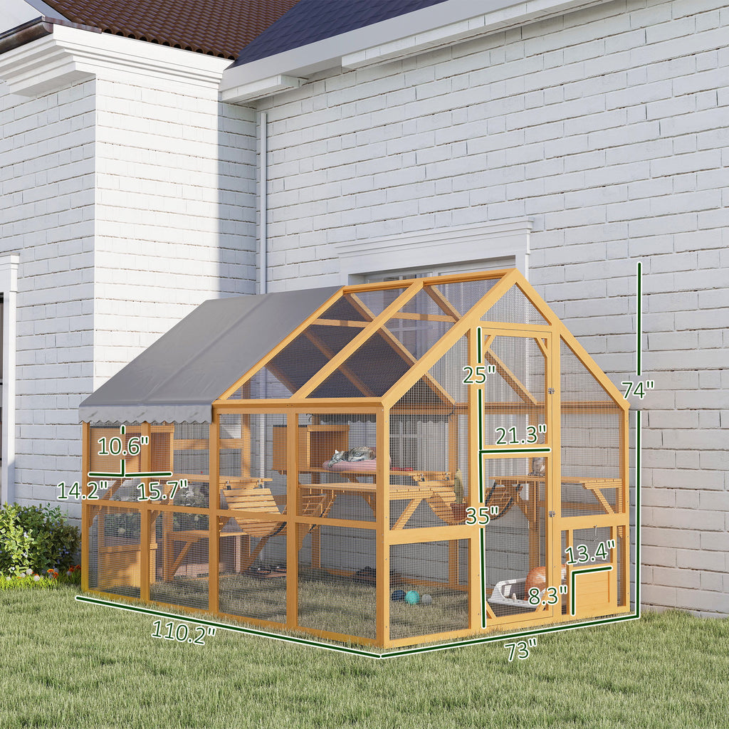 Wooden Catio Outdoor Enclosure, Yellow, 2 Condos, 6 Platform