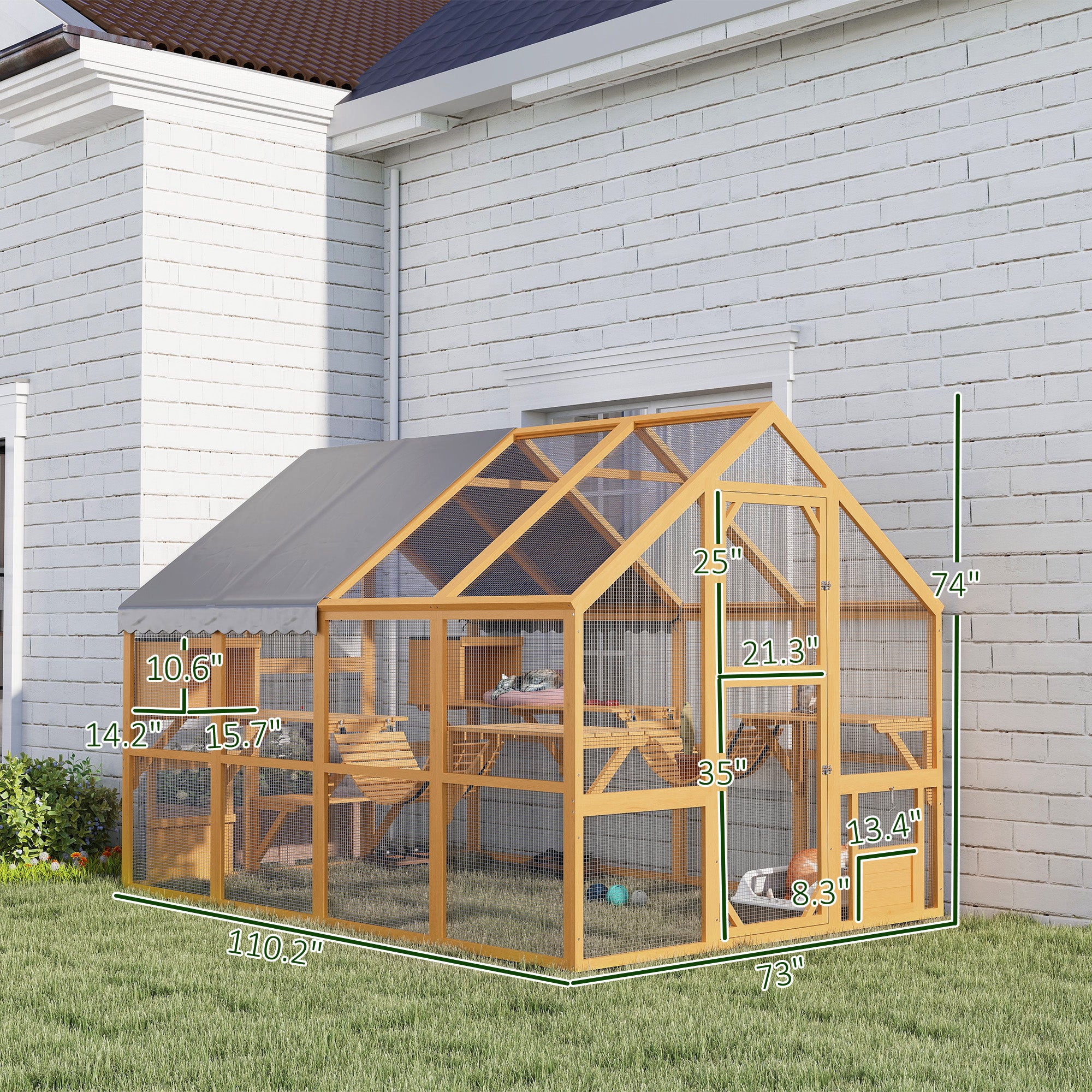 Wooden Catio Outdoor Enclosure, Yellow, 2 Condos, 6 Platform