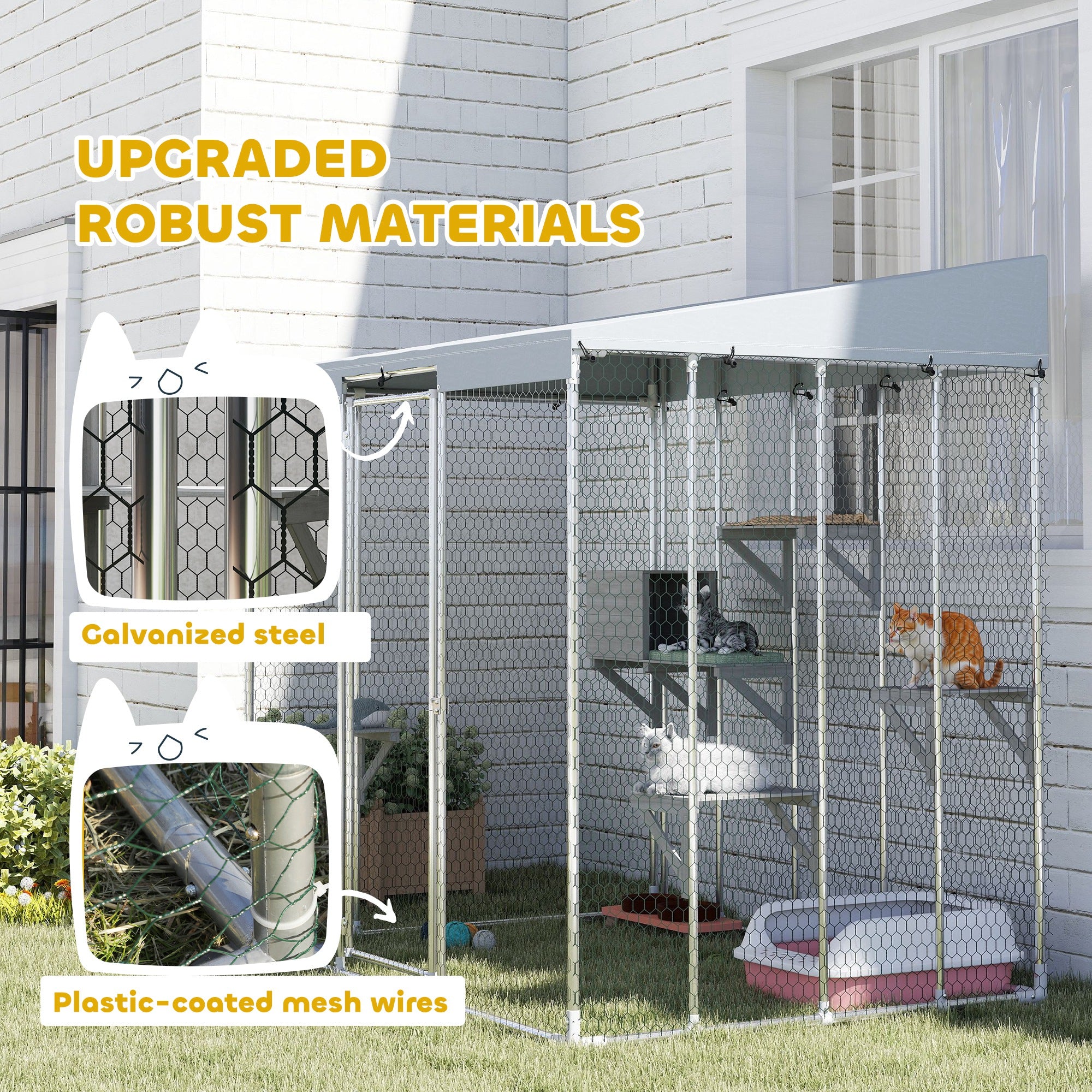 79" Galvanized Steel Catio with Canopy, 1-3 Kittens, Silver