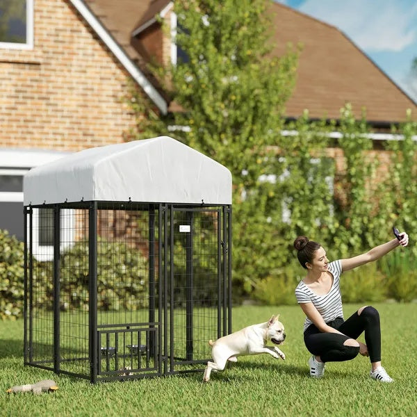 Outdoor Dog Kennel with Rotating Bowls and Cover