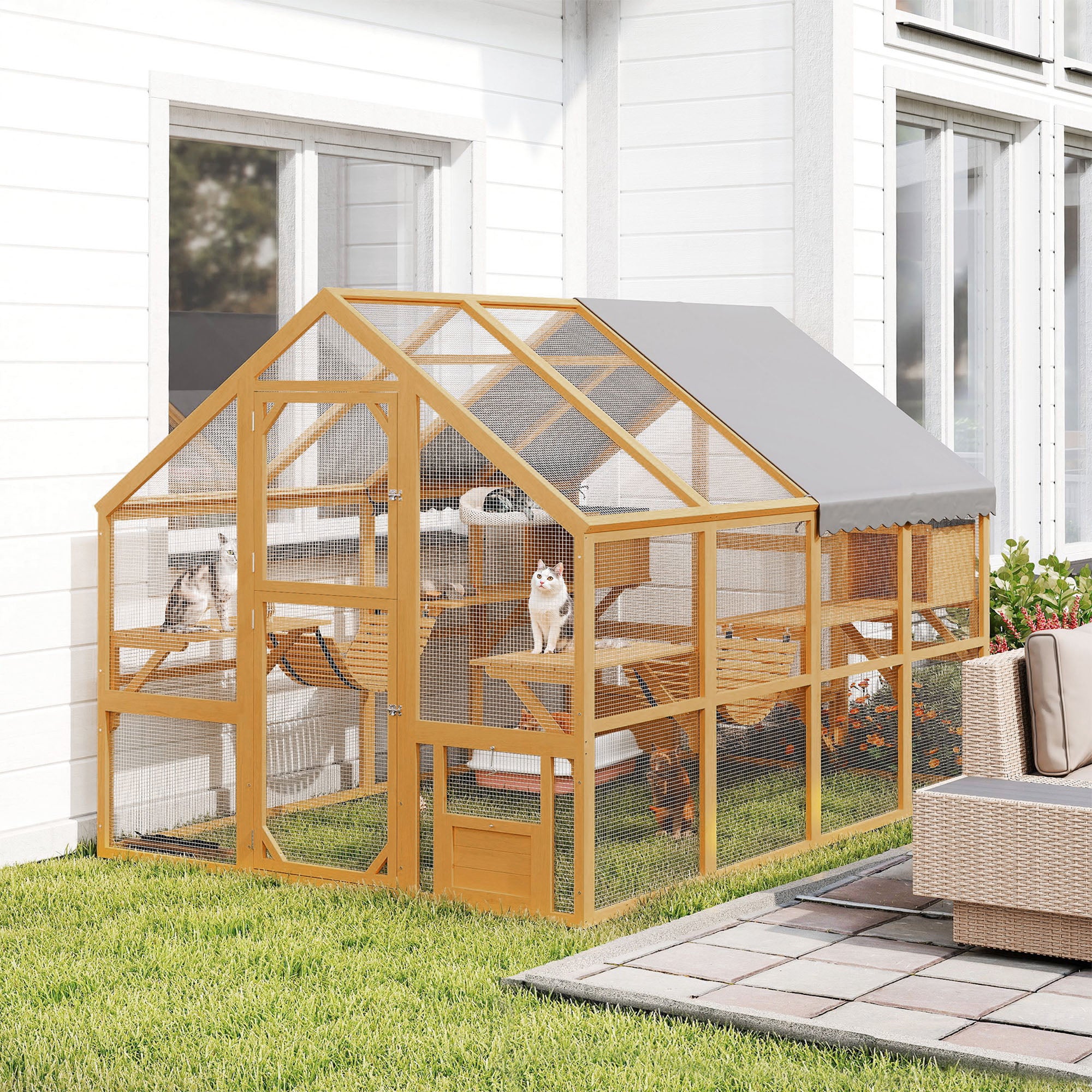 Wooden Catio Outdoor Enclosure, Yellow, 2 Condos, 6 Platform
