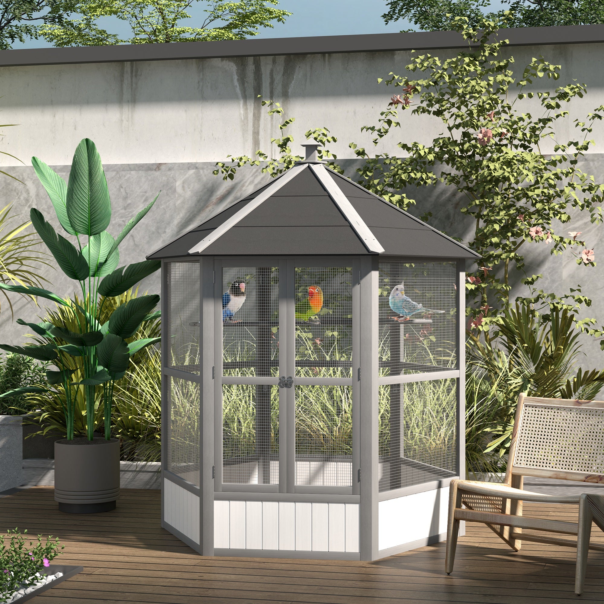 69" Wooden Hexagonal Outdoor Aviary, Light Gray